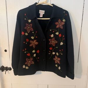 Vintage Crystal Kobe Black Cardigan with Floral Embroidery